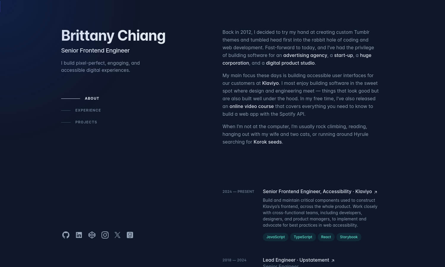 Screenshot of Brittany Chiang's developer portfolio