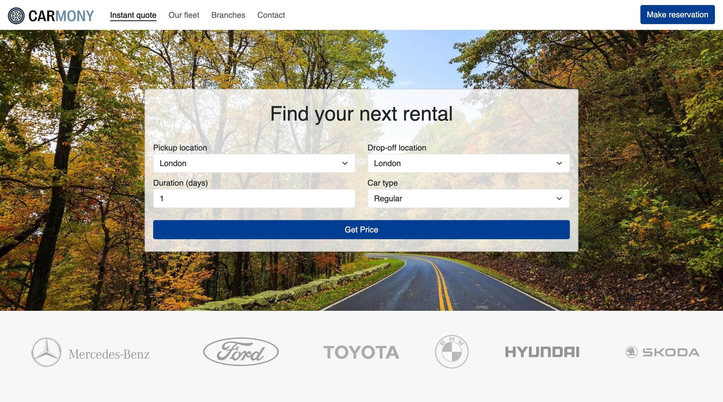 Screenshot of the hero section of a car rental website