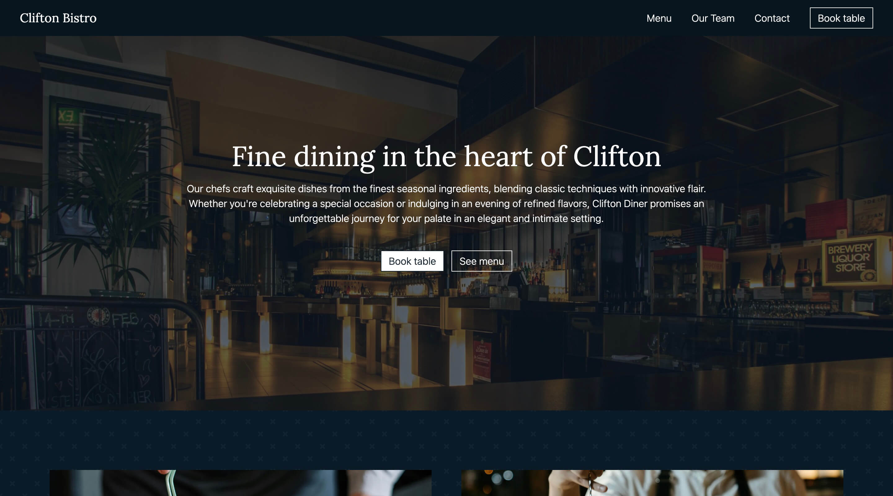 Screenshot of the hero section of a fine dining website